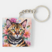 Bengalen Kat Bloemen Waterverf Kunst Sleutelhanger (Achterkant)