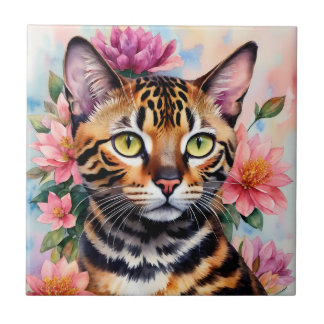 Bengalen Kat Bloemen Waterverf Kunst Tegeltje