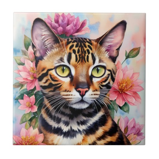 Bengalen Kat Bloemen Waterverf Kunst Tegeltje (Voorkant)