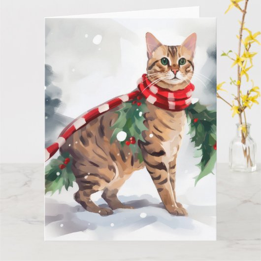 Bengalen Kat in Sneeuw Kerstmis Kaart (Gele Bloem)