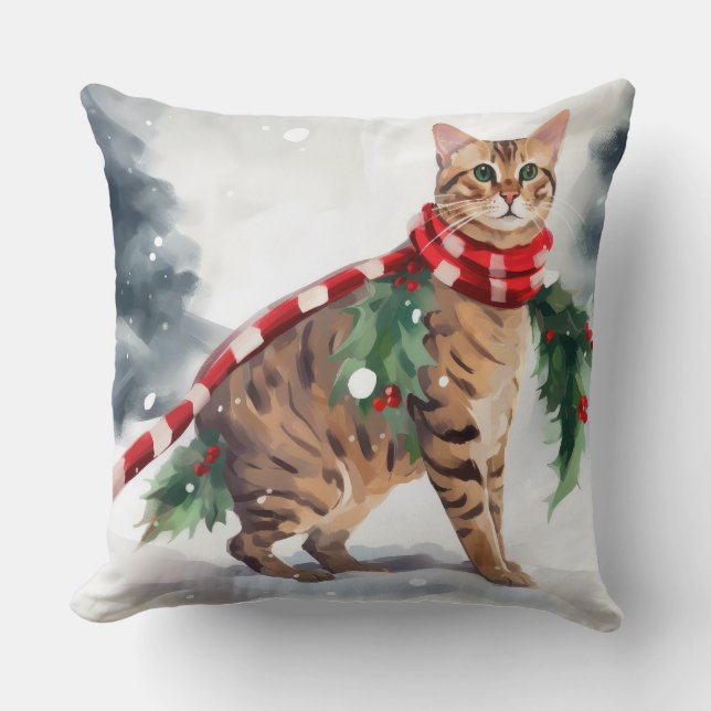 Bengalen Kat in Sneeuw Kerstmis Kussen (Voorkant)