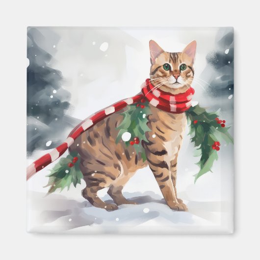 Bengalen Kat in Sneeuw Kerstmis Magneet (Voorkant)