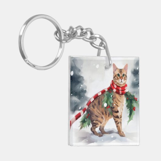 Bengalen Kat in Sneeuw Kerstmis Sleutelhanger (Voorkant Links)