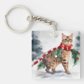 Bengalen Kat in Sneeuw Kerstmis Sleutelhanger (Voorkant)