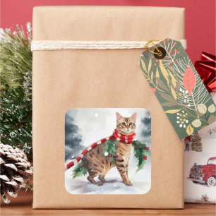 Bengalen Kat in Sneeuw Kerstmis Vierkante Sticker