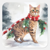 Bengalen Kat in Sneeuw Kerstmis Vierkante Sticker (Voorkant)