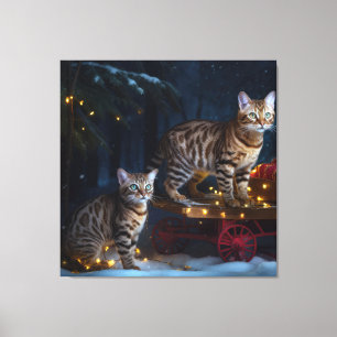 Bengalen Kat Snowy Sleigh Ride Kerstmisdecor Canvas Afdruk