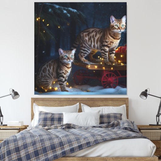 Bengalen Kat Snowy Sleigh Ride Kerstmisdecor Canvas Afdruk (Insitu (Slaapkamer))