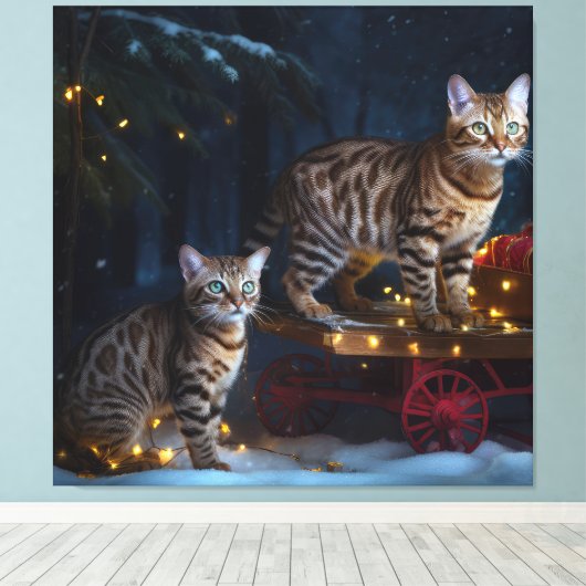 Bengalen Kat Snowy Sleigh Ride Kerstmisdecor Canvas Afdruk (Insitu (Houten vloer))