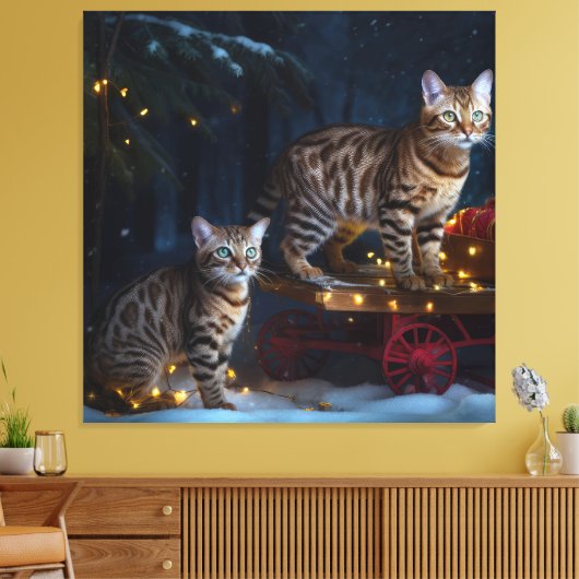 Bengalen Kat Snowy Sleigh Ride Kerstmisdecor Canvas Afdruk (Insitu (Woonkamer))