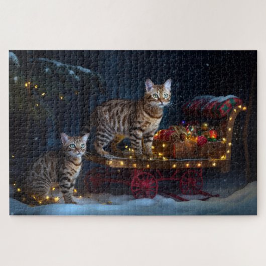 Bengalen Kat Snowy Sleigh Ride Kerstmisdecor Legpuzzel (Horizontaal)