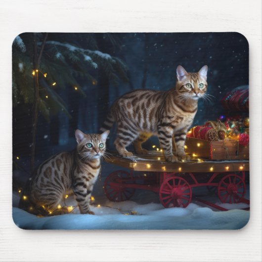 Bengalen Kat Snowy Sleigh Ride Kerstmisdecor Muismat (Voorkant)