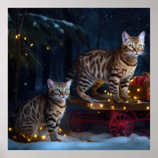 Bengalen Kat Snowy Sleigh Ride Kerstmisdecor Poster (Voorkant)