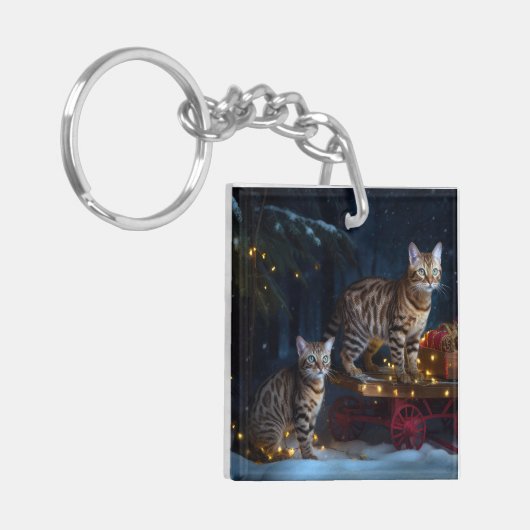 Bengalen Kat Snowy Sleigh Ride Kerstmisdecor Sleutelhanger (Voorkant Links)