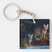 Bengalen Kat Snowy Sleigh Ride Kerstmisdecor Sleutelhanger (Voorkant)
