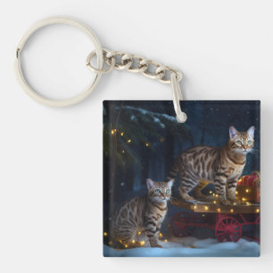 Bengalen Kat Snowy Sleigh Ride Kerstmisdecor Sleutelhanger