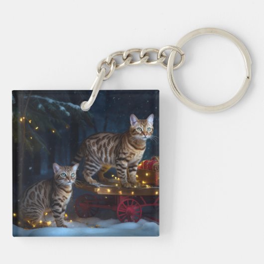 Bengalen Kat Snowy Sleigh Ride Kerstmisdecor Sleutelhanger (Achterkant)