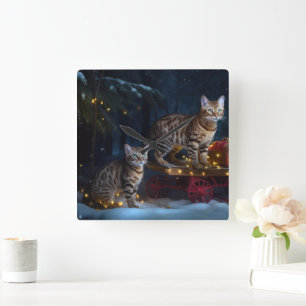Bengalen Kat Snowy Sleigh Ride Kerstmisdecor Vierkante Klok