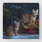 Bengalen Kat Snowy Sleigh Ride Kerstmisdecor Vierkante Klok (Voorkant)