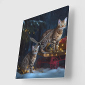 Bengalen Kat Snowy Sleigh Ride Kerstmisdecor Vierkante Klok (Hoek)