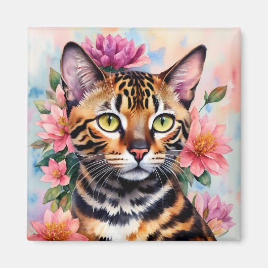 Bengalen Kat Waterverf Bloemenkunst Magneet (Voorkant)