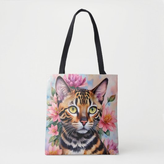 Bengalen Kat Waterverf Bloemenkunst Tote Bag (Voorkant)