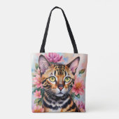 Bengalen Kat Waterverf Bloemenkunst Tote Bag (Achterkant)
