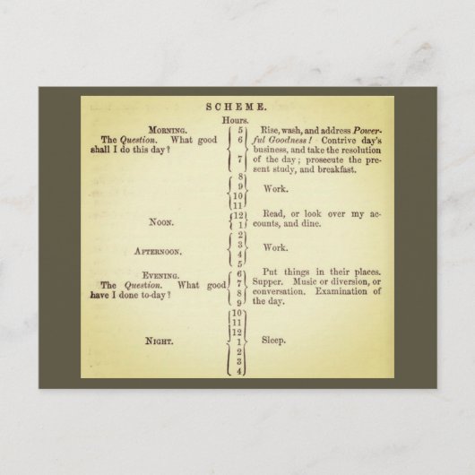 Benjamin Franklin's routineplanning Briefkaart (Voorkant)