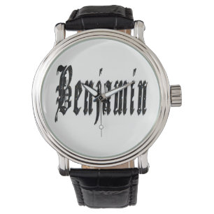 Benjamin, naam, Logo, Big Black Leather Watch Horloge