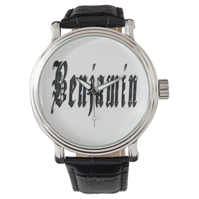Benjamin, naam, Logo, Big Black Leather Watch Horloge (Voorkant)