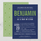 BENJAMIN'S BAR MITZVAH marine blauw groen Uitnodig Kaart (Voorkant / Achterkant)