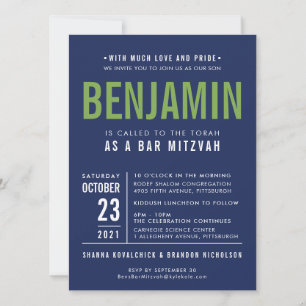 BENJAMIN'S BAR MITZVAH marine blauw groen Uitnodig Kaart