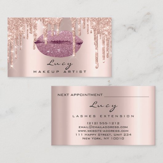 Benoeming Blush Sugar Lips Glitter Drips Makeup Afsprakenkaartje (Voorkant / Achterkant)