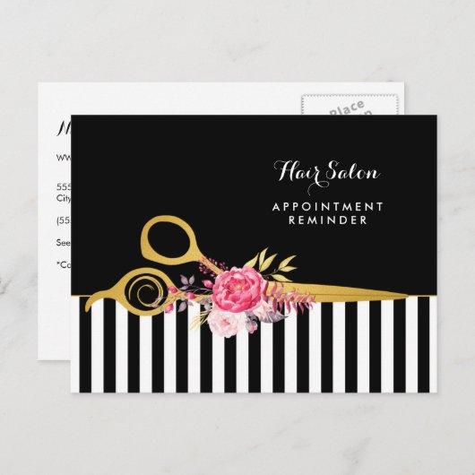 Benoeming Faux Gold Scissors Pink Floral Salon Briefkaart (Voorkant / Achterkant)