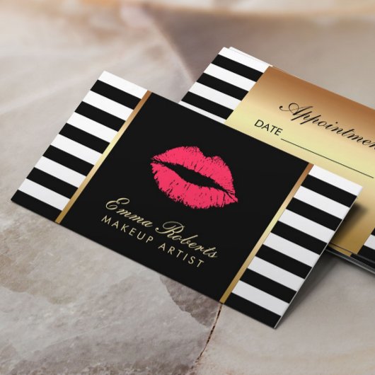 Benoeming Makeup Artist Red Lips Modern Stripes Afsprakenkaartje