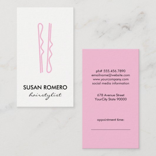 Benoeming roze haarspelden afsprakenkaartje (Voorkant / Achterkant)