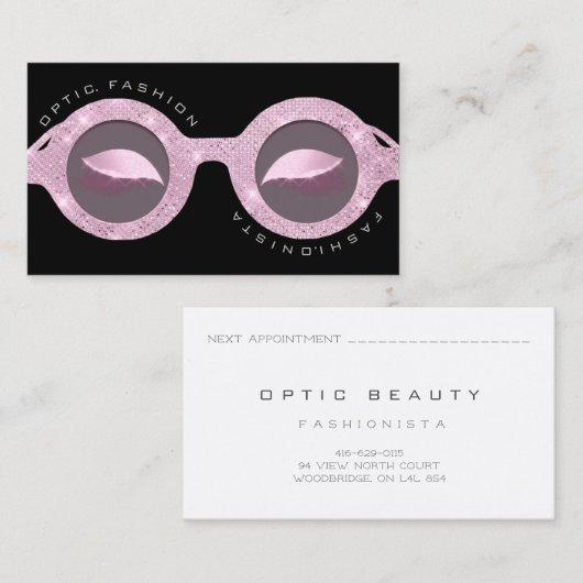 Benoemingskaart Optisch Roos Glitter Black Glasses Contactkaartje (Voorkant / Achterkant)