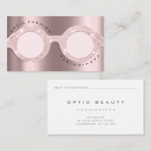 Benoemingskaart Optisch Roos Glitter Metal Glasses Contactkaartje (Voorkant / Achterkant)