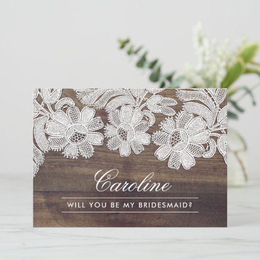 Bent u mijn Bridesmaid? Barn Wood White Lace Kaart (Staand voorkant)