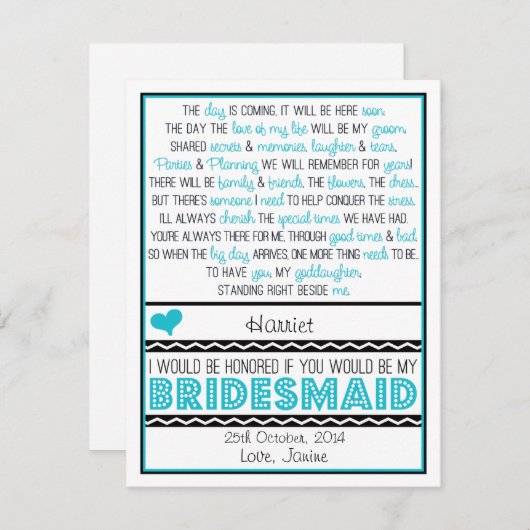 Bent u mijn Bridesmaid? Blue/Black GODDAUGHTER Kaart (Voorkant / Achterkant)