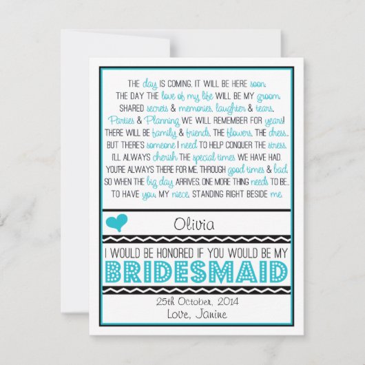 Bent u mijn Bridesmaid? Blue/Black Poem NIECE Kaart (Voorkant)