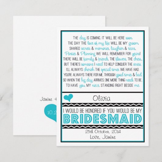 Bent u mijn Bridesmaid? Blue/Black Poem NIECE Kaart (Voorkant / Achterkant)