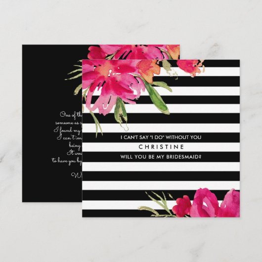 Bent u mijn Bridesmaid? Fuchsia Black Floral Kaart (Voorkant / Achterkant)
