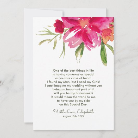 Bent u mijn Bridesmaid? Fuchsia Green Floral in Kaart (Achterkant)