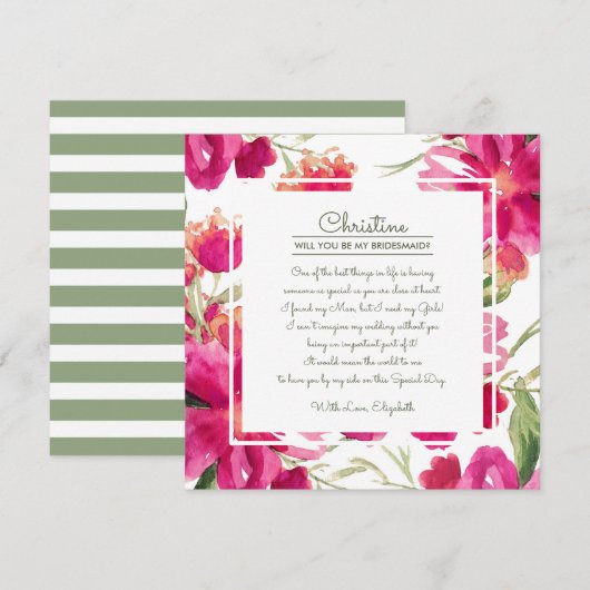 Bent u mijn Bridesmaid? Fuchsia Green Floral Kaart (Voorkant / Achterkant)
