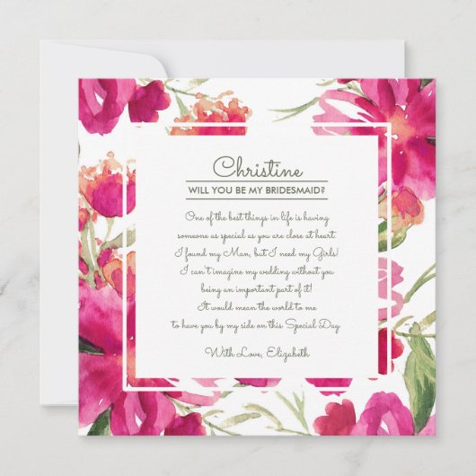 Bent u mijn Bridesmaid? Fuchsia Green Floral Kaart (Voorkant)