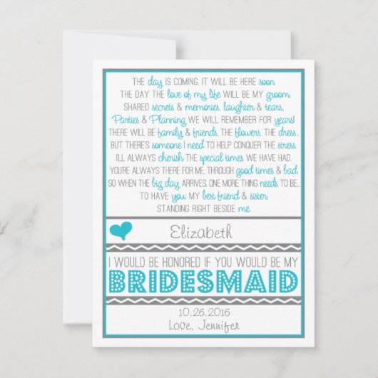 Bent u mijn Bridesmaid? Fun Blue/Gray Poem Card Kaart (Voorkant)