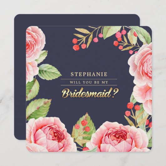 Bent u mijn Bridesmaid? Navy Blue Floral Kaart (Voorkant / Achterkant)