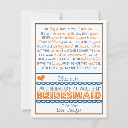Bent u mijn Bridesmaid? Navy Blue/Oranje gedicht Kaart (Voorkant)