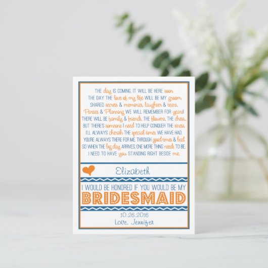 Bent u mijn Bridesmaid? Navy Blue/Oranje gedicht Kaart (Staand voorkant)
